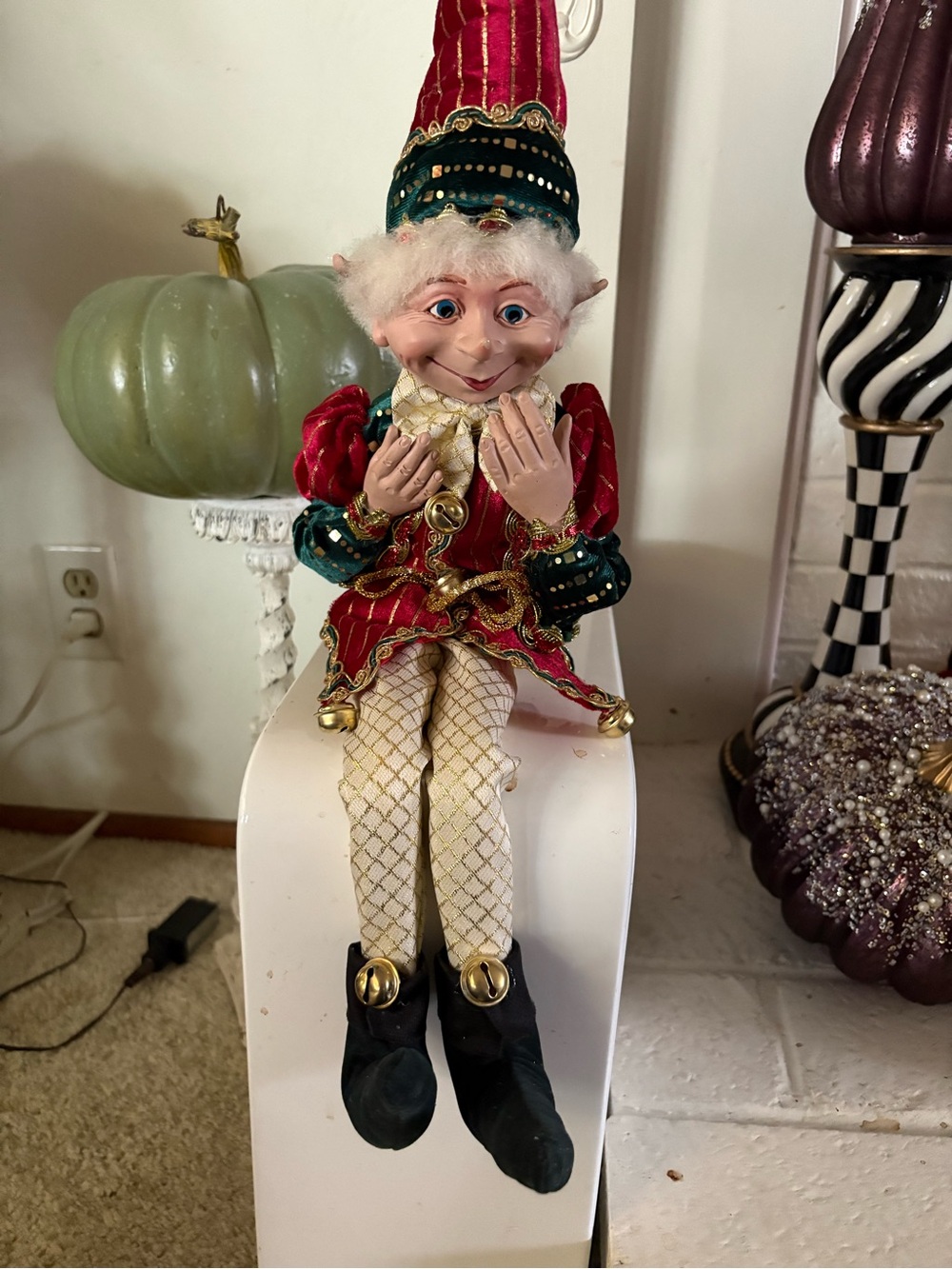 Kurt Adler Festive Elf Figurine in Red, Green, Gold, Cream, Black